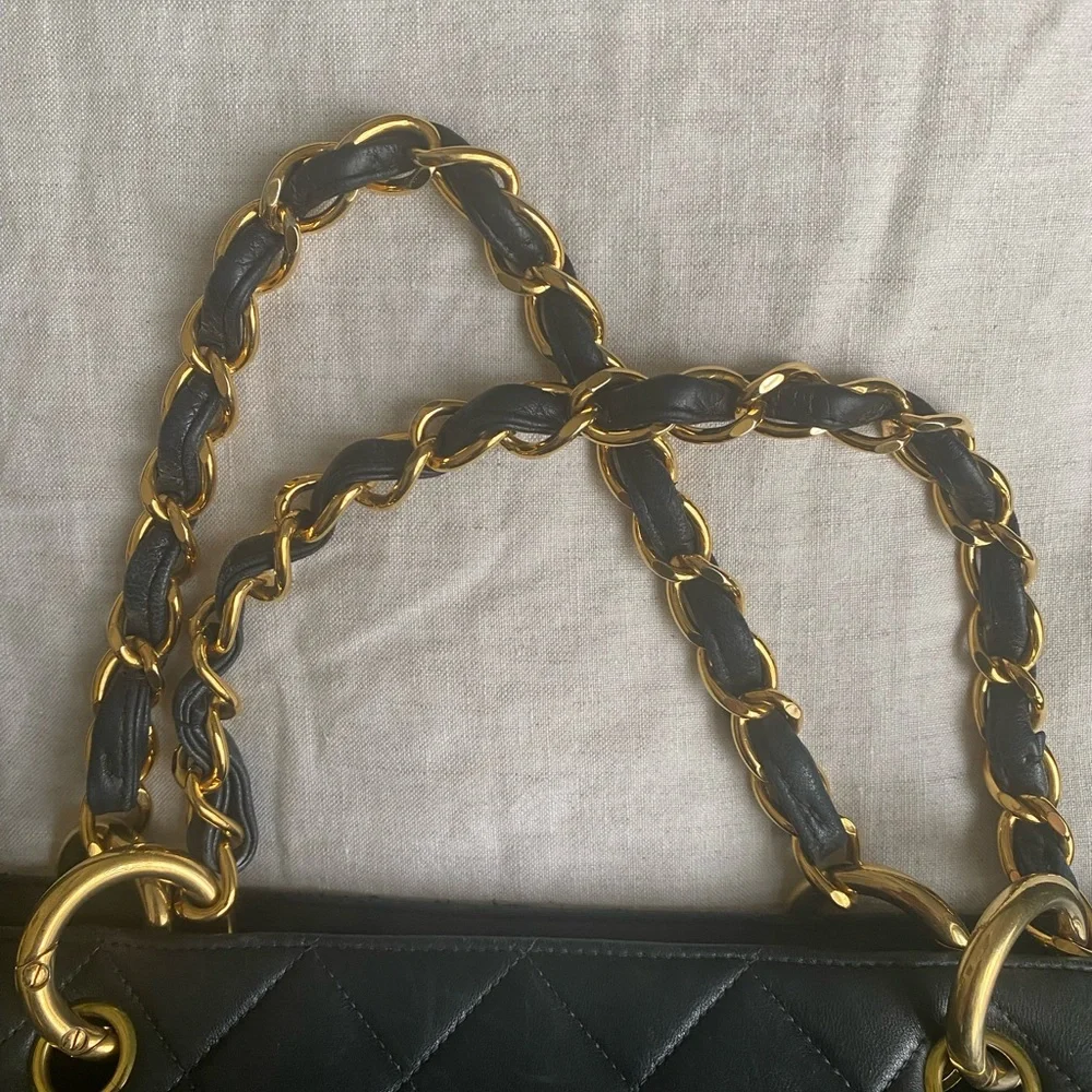 Chanel Black Lambskin Quilted Large Tote Bag with Gold Chain & Leather Handles